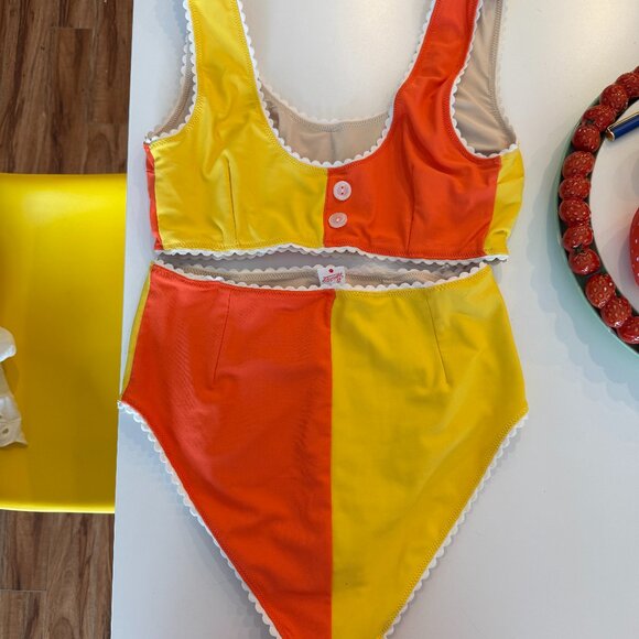 Hammies Colorblock Retro Pin Up Bikini Two Tone Orange Yellow L - Picture 3 of 5